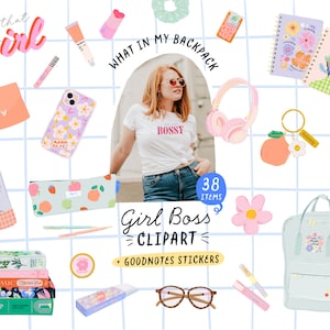 Op de afbeelding: Een set van 38 digitale clipart-illustraties en Goodnotes-stickers met een 'girl boss'-thema. De clipart bevat een rugzak, een waterfles, een telefoonhoesje, een etui, een notitieboekje, een bril, een perzik, een sleutelhanger, een haarspeld en meer. De stickers bevatten een perzik, een bloem, een ster en meer.