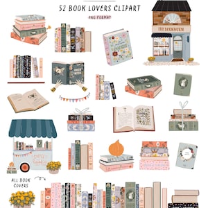 K&ouml;nnte beinhalten: Ein Set mit 52 Clipart-Bildern zum Thema B&uuml;cherliebhaber im PNG-Format. Das Clipart enth&auml;lt Illustrationen von B&uuml;chern, B&uuml;cherstapeln, einem Buchladen, einem B&uuml;cherwagen und einem K&uuml;rbis. Die Illustrationen sind in verschiedenen Farben und Stilen gehalten, darunter floral, geometrisch und verspielt.