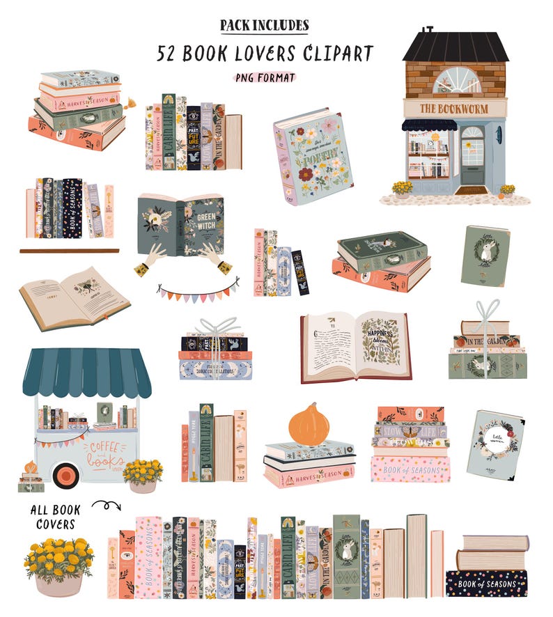 K&ouml;nnte beinhalten: Ein Set mit 52 Clipart-Bildern zum Thema B&uuml;cherliebhaber im PNG-Format. Das Clipart enth&auml;lt Illustrationen von B&uuml;chern, B&uuml;cherstapeln, einem Buchladen, einem B&uuml;cherwagen und einem K&uuml;rbis. Die Illustrationen sind in verschiedenen Farben und Stilen gehalten, darunter floral, geometrisch und verspielt.