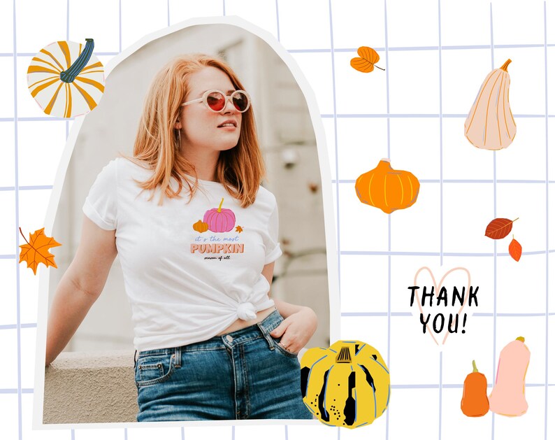 May include: A white t-shirt with a pink pumpkin graphic and the text "It's the most PUMPKIN time of all". The model is wearing the shirt with blue jeans and sunglasses. The background is a grid pattern with fall-themed illustrations.