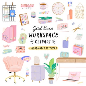 Clipart szkolnego biura, miejsca pracy, naklejki GoodNotes, dziewczyna szefowa, nauka, dom, praca, planer biznesowy. Projekty artykułów piśmienniczych, pobieranie PNG