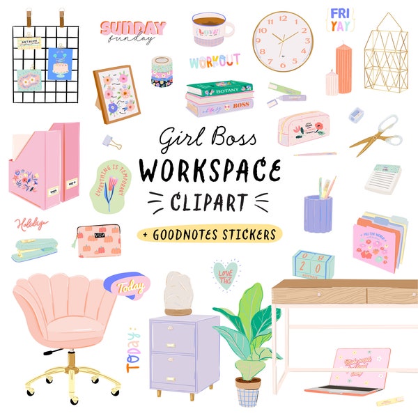School Office Workspace Clipart GoodNotes stickers, Girl boss Study Home Work Business woman planner. Stationery Designs Downloads PNG