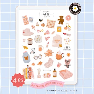 Pegatinas de calabaza para niña, imágenes prediseñadas de moda acogedora de otoño, pegatinas de GoodNotes de otoño: libro de hojas, suéter, calcetines, velas, citas, pegatinas de planificador digital PNG