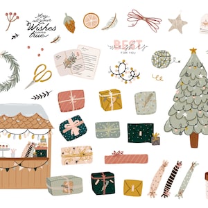 May include: A set of Christmas-themed illustrations featuring a decorated Christmas tree, wrapped presents, a small market stall, and various festive elements like wreaths, ornaments, and gift tags. The text "May all your wishes come true" and "Best wishes for you" are included in the image.