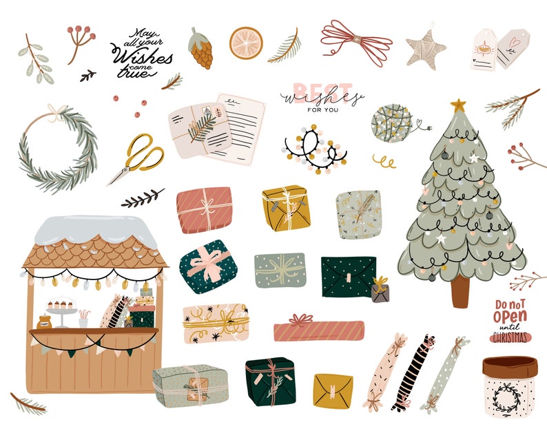 May include: A set of Christmas-themed illustrations featuring a decorated Christmas tree, wrapped presents, a small market stall, and various festive elements like wreaths, ornaments, and gift tags. The text "May all your wishes come true" and "Best wishes for you" are included in the image.