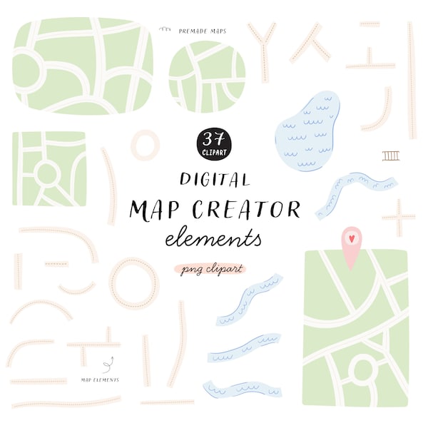 Digital Map Creator Elements for DIY Projects Hand-Drawn Road Maps Clipart for Invitations Cards Templates Scrapbooking Instant Download PNG