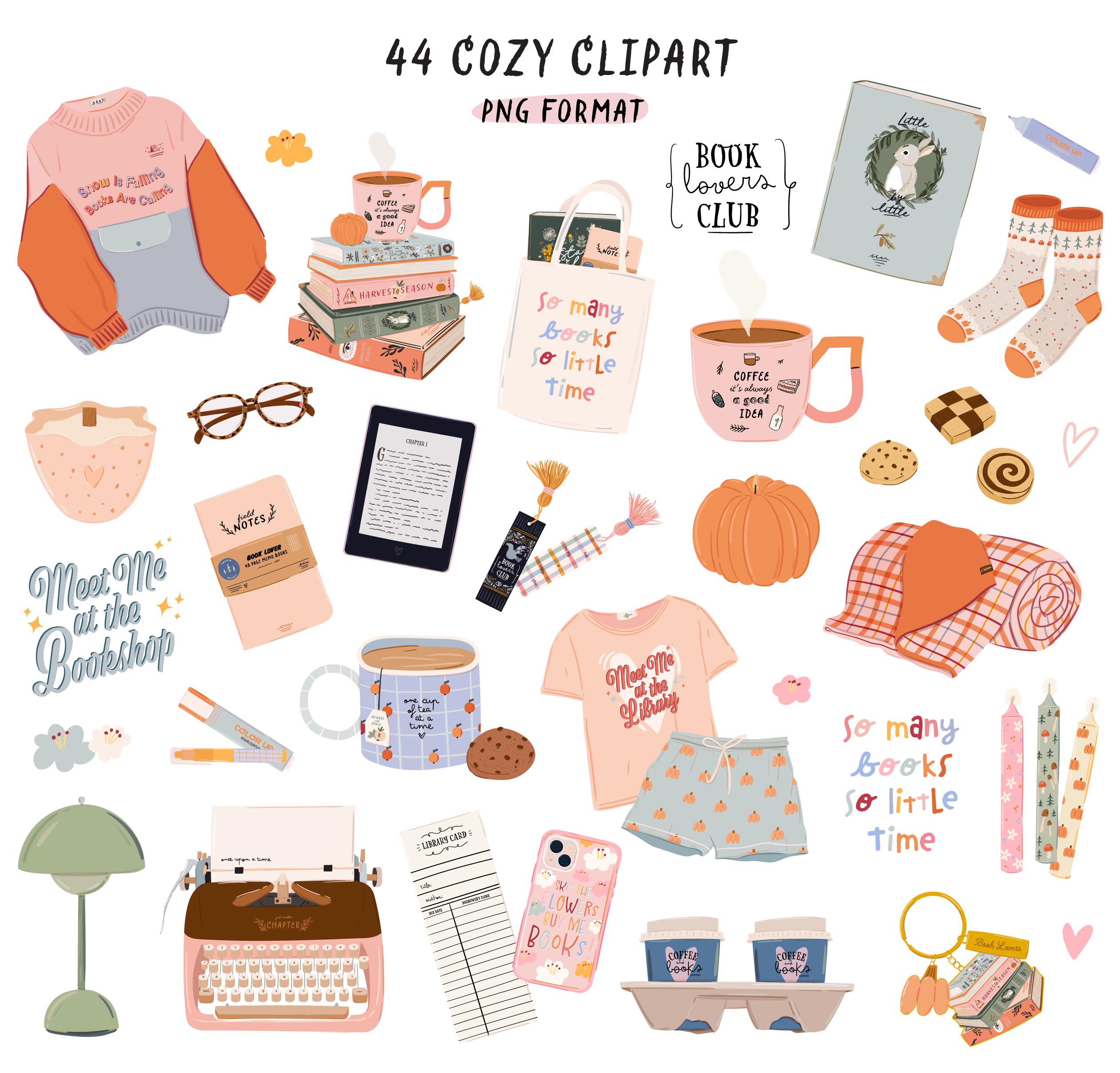 Cozy Book Lovers Clipart, Cute Coffee Bookshop, Fall Bookworms Cozy ...