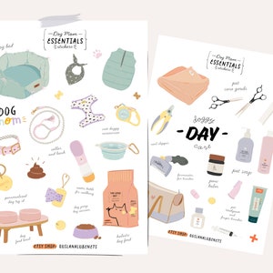 May include: Two printable sticker sheets for dog owners. The first sheet features a dog bed, collar, leash, poop bag, dog food bowl, and other dog-related items. The second sheet features grooming supplies, including nail clippers, scissors, shampoo, and paw balm.