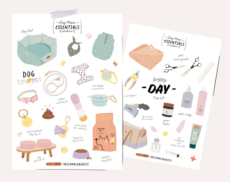 May include: Two printable sticker sheets for dog owners. The first sheet features a dog bed, collar, leash, poop bag, dog food bowl, and other dog-related items. The second sheet features grooming supplies, including nail clippers, scissors, shampoo, and paw balm.