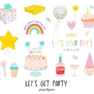 Paquete de imágenes prediseñadas de feliz cumpleaños, pegatinas de fiesta, PNG digitales, descarga instantánea, pegatinas de GoodNotes, imágenes prediseñadas de celebración de suministros para fiestas