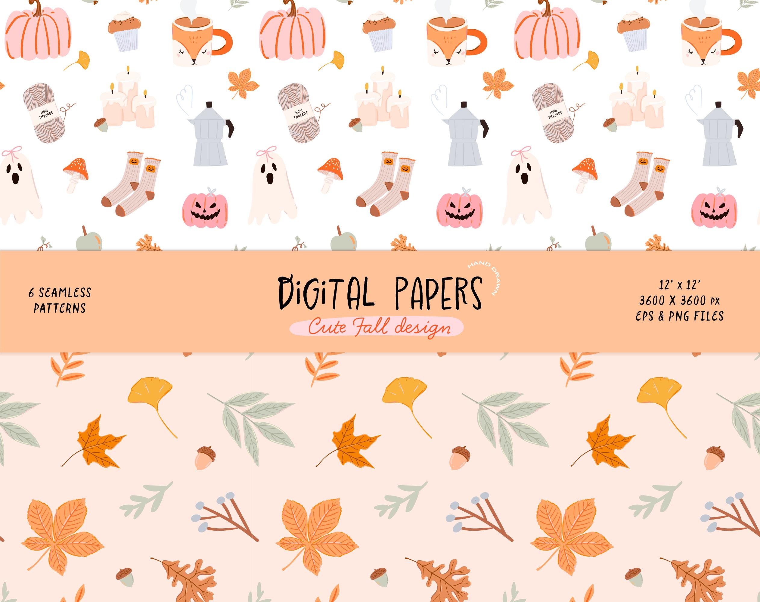 Cute Fall Digital Paper Bundle, Seamless Autumn Pumpkin Patterns, Cozy ...