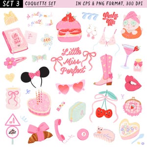 Op de afbeelding: Een verzameling roze en pastelkleurige illustraties met een coquette thema. Inclusief een aardbeientaart, hartvormige zonnebril, een roze cowboylaars, een croissant en de tekst "Little Miss Perfect."
