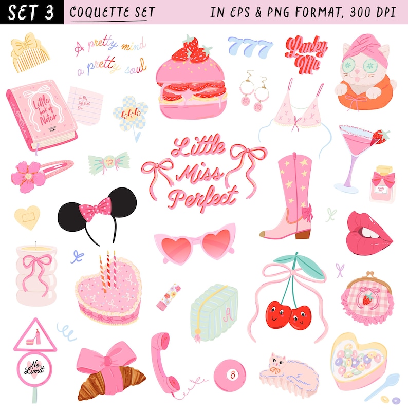 Op de afbeelding: Een verzameling roze en pastelkleurige illustraties met een coquette thema. Inclusief een aardbeientaart, hartvormige zonnebril, een roze cowboylaars, een croissant en de tekst "Little Miss Perfect."