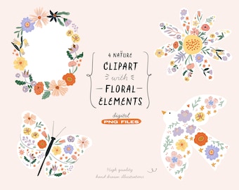 Clipart de mariposa y pájaro floral: Corona dibujada a mano (Descarga digital PNG)