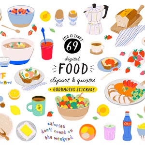 Lebensmittel Clipart Bundle Digitale Tagesmahlzeit PNG. GoodNotes Stickers Planer Clipart. Tägliches Menü Clip Art Frühstück Abendessen Mittagessen Essen Zitate