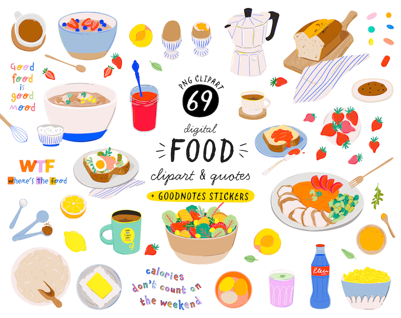 May include: A set of 69 digital food clipart and quotes for Goodnotes. The clipart includes a variety of food items, such as bowls of soup, fruit, bread, and salad. The quotes include phrases like "Good food is good mood" and "Calories don't count on the weekend".