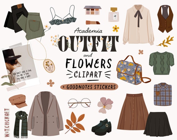 Fall Fashion Academia Outfit clipart GoodNotes stickers Autumn Fashion illustration Dark Academia Vintage Girl outfit Clipart Digital PNG
