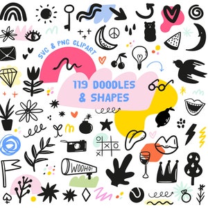 Pegatinas digitales con garabatos geniales, imágenes prediseñadas de moda, icono psicodélico abstracto en blanco y negro, ilustración linda dibujada a mano, imágenes prediseñadas imprimibles SVG PNG