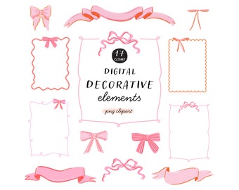 Pink Digital Decoration Clipart Pack - Bows, Borders, Ribbons Instant Download PNGs. Decorative Elements for Invitations, Cards, Templates
