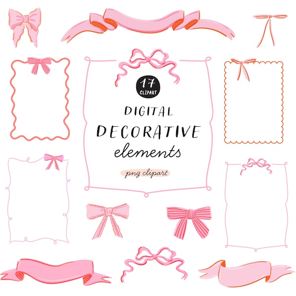 Pink Digital Decoration Clipart Pack - Bows, Borders, Ribbons Instant Download PNGs. Decorative Elements for Invitations, Cards, Templates