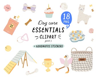 Dog Care Clipart, Digital Planner Stickers, Dog Mom essentials Clipart, GoodNotes stickers, pet care, dog toys, dog treats, dog food PNG