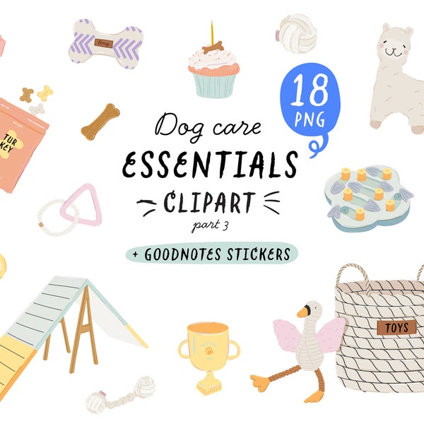 Dog Care Clipart, Digital Planner Stickers, Dog Mom essentials Clipart, GoodNotes stickers, pet care, dog toys, dog treats, dog food PNG