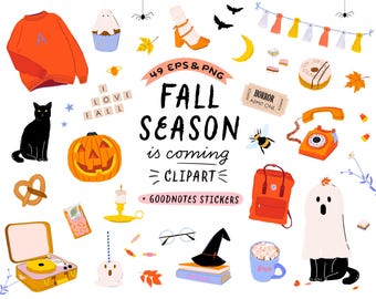 Fall Clipart Cool Autumn Witch Clipart Halloween 90s Pumpkin Black Cat Candle Ghost Sweater Record Sweets Book Backpack Digital Download Png
