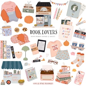 居心地の良い読書好きのクリップアート。コーヒー書店のイラスト、読書好きの名言。かわいい本棚、本の山、学校の読書フェスティバルのデジタルクリップアートPNG