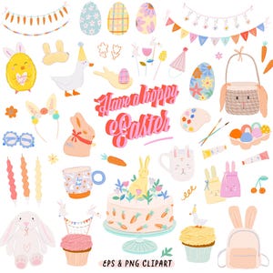 Whimsy Easter Clipart Leuke Clipart Lentevakantie, Easter Party Bunny Decoration: Cake Coloring Eggs Flowers Goose. Digitale downloads, png