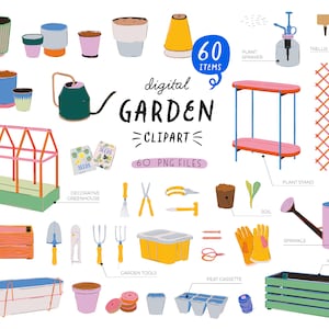 Clipart de jardinagem de primavera, ferramentas de jardim doméstico, elementos de jardim digital, selva doméstica, senhora planta, jardim com varanda, estufa, digital png