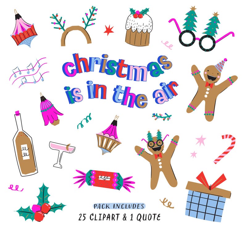 Niedliche Winter Cliparts. Weihnachten liegt in der Luft. Coole Weihnachten Clipart Lebkuchen Männer vorhanden Box Champagner Spielzeug Kuchen. Digitaler Aufkleber png Bild 4