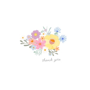 May include: A floral illustration featuring a bouquet of colorful flowers in shades of yellow, pink, purple, and blue, with green leaves. The words "thank you" are written in a delicate script below the flowers, all set against a white background.