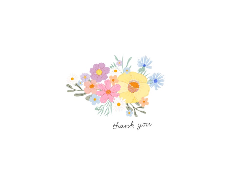 May include: A floral illustration featuring a bouquet of colorful flowers in shades of yellow, pink, purple, and blue, with green leaves. The words "thank you" are written in a delicate script below the flowers, all set against a white background.
