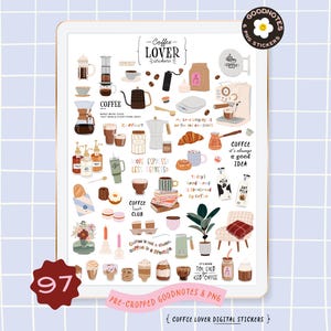Adesivos de café Elementos do menu do CoffeeShop. Citações fofas de clipart de amantes de café Tipos de cafeteira Adesivos GoodNotes Planejador digital Clipart PNG