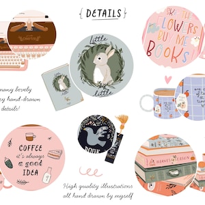 K&ouml;nnte beinhalten: Eine Sammlung handgezeichneter Illustrationen mit einer Schreibmaschine, einem Kaninchen, einer Tasse Kaffee, einem Stapel B&uuml;cher und einer Tasse Tee. Die Illustrationen sind im skurrilen Stil mit einer rosa, blauen und gr&uuml;nen Farbpalette gehalten. Der Text "SKIP THE FLOWERS BUY ME BOOKS" ist in einem rosa Kreis dargestellt.