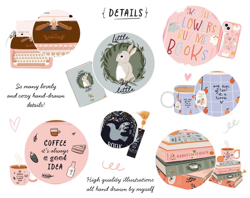 K&ouml;nnte beinhalten: Eine Sammlung handgezeichneter Illustrationen mit einer Schreibmaschine, einem Kaninchen, einer Tasse Kaffee, einem Stapel B&uuml;cher und einer Tasse Tee. Die Illustrationen sind im skurrilen Stil mit einer rosa, blauen und gr&uuml;nen Farbpalette gehalten. Der Text "SKIP THE FLOWERS BUY ME BOOKS" ist in einem rosa Kreis dargestellt.