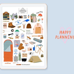May include: A set of camping themed stickers featuring illustrations of camping gear, clothing, and outdoor activities. The stickers include text such as "Let's Go Camping", "Take Hike", "Stay Wild", "Into the Wild", "Adventure", "Easy Shop", "Essentials", and "Happy Planning".
