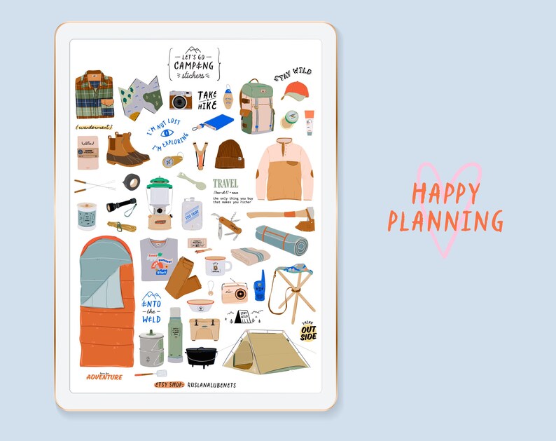 May include: A set of camping themed stickers featuring illustrations of camping gear, clothing, and outdoor activities. The stickers include text such as "Let's Go Camping", "Take Hike", "Stay Wild", "Into the Wild", "Adventure", "Easy Shop", "Essentials", and "Happy Planning".