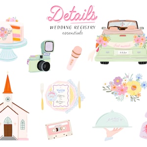 May include: Wedding registry essentials illustration with a white church, a cake, a camera, a microphone, a car with "Just Married" sign, a plate with a wedding menu, a bouquet of flowers, a serving dish, and a door hanger with a heart.