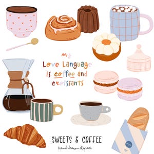 Trendy Sweet Food Cafe clipart-elementen. Plannerstickers: schattig snoep desserts bakker gebak koffie macarons croissant brood. Digitale png