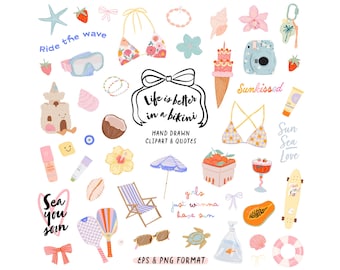 Summer Girl Clipart Bundle, Fun Summer Quote, Bikini Beach Aesthetic PNG, Pool Party Design Cute Coquette Vacation Stickers Digital Download
