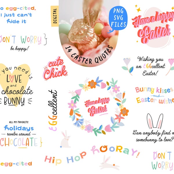 Clipart citations de printemps, citations de Pâques, légendes de Pâques Insta, dicton inspirant phrases humoristiques impression numérique sublimation coupe fichier PNG SVG