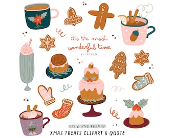 Imágenes prediseñadas de invierno acogedor, dulces navideños, chocolate caliente, galletas de jengibre, chocolate caliente, bebidas calientes, pastel, descarga de pegatinas digitales PNG