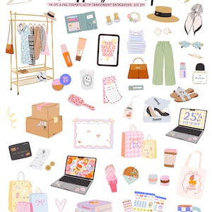 K&ouml;nnte beinhalten: Eine Sammlung von Shopping-Clipart-Illustrationen, darunter Kleidung, Accessoires und Elektronik. Das Bild zeigt eine Kleiderstange, Handtaschen, Schuhe, einen Laptop mit 25 % Rabatt und den Text "THIS SALE IS CRAZY GOOD".