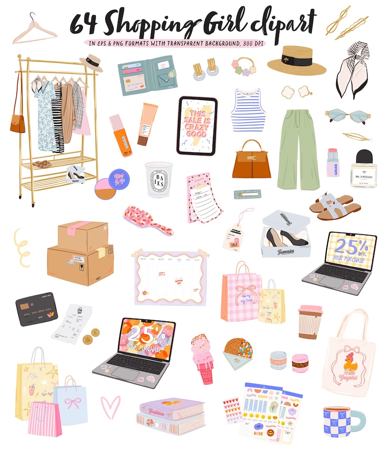 K&ouml;nnte beinhalten: Eine Sammlung von Shopping-Clipart-Illustrationen, darunter Kleidung, Accessoires und Elektronik. Das Bild zeigt eine Kleiderstange, Handtaschen, Schuhe, einen Laptop mit 25 % Rabatt und den Text "THIS SALE IS CRAZY GOOD".