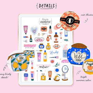 Op de afbeelding: Een digitaal vel met kleurrijke stickers met afbeeldingen van beauty- en cosmeticaproducten, waaronder een gezichtsmasker, een potje gezichtscrub, een flesje handcr&egrave;me en een toilettas. De stickers zijn ge&iuml;llustreerd in een cartoon-stijl met felle kleuren en speelse details.