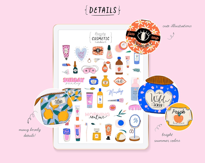 Op de afbeelding: Een digitaal vel met kleurrijke stickers met afbeeldingen van beauty- en cosmeticaproducten, waaronder een gezichtsmasker, een potje gezichtscrub, een flesje handcr&egrave;me en een toilettas. De stickers zijn ge&iuml;llustreerd in een cartoon-stijl met felle kleuren en speelse details.