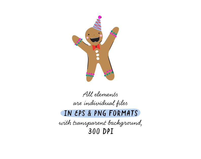K&ouml;nnte beinhalten: Ein Lebkuchenmann mit einer Partym&uuml;tze und einer Schleife. Der Lebkuchenmann ist mit bunten Streuseln verziert und l&auml;chelt. Der Text "All elements are individual files IN EPS & PNG FORMATS with transparent background, 300 DPI" befindet sich unter dem Lebkuchenmann.