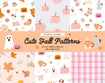 Söt digitalt höstpapperspaket, sömlösa höstpumpamönster, mysiga scrapbookpapper, Halloween spökpumpabakgrund, utskrivbar PNG