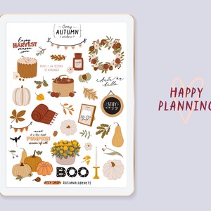 Pegatinas acogedoras de otoño, decoración de la cosecha otoñal, clipart. Pegatinas de GoodNotes, corona, vela, calabaza, decoración de Halloween, planificador digital, pegatina PNG. imagen 3